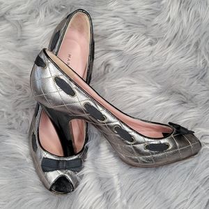 Marc Jacobs Peep Toe Gun Metal Ribbon Heels-6.5